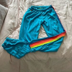 Aviator Nation adult sweatpants- size M - blue with 5 stripes - shows pilling